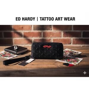 Ed Hardy Embossed Skull & Heart Zip-Around Wristlet Wallet - NWT